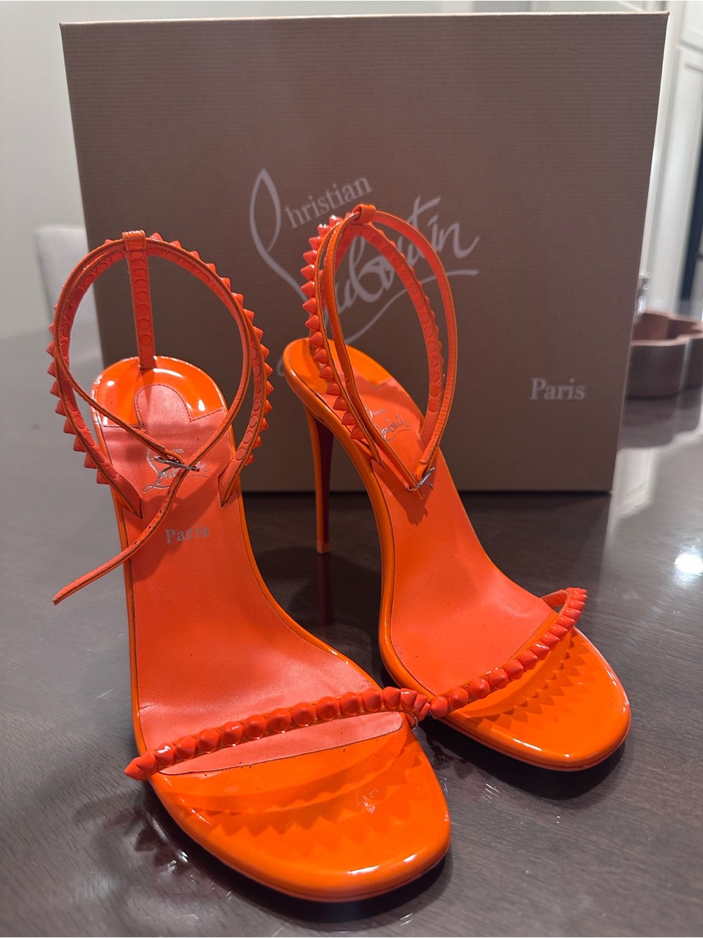 Christian Louboutin Orange Patent Studded Stiletto Sandals